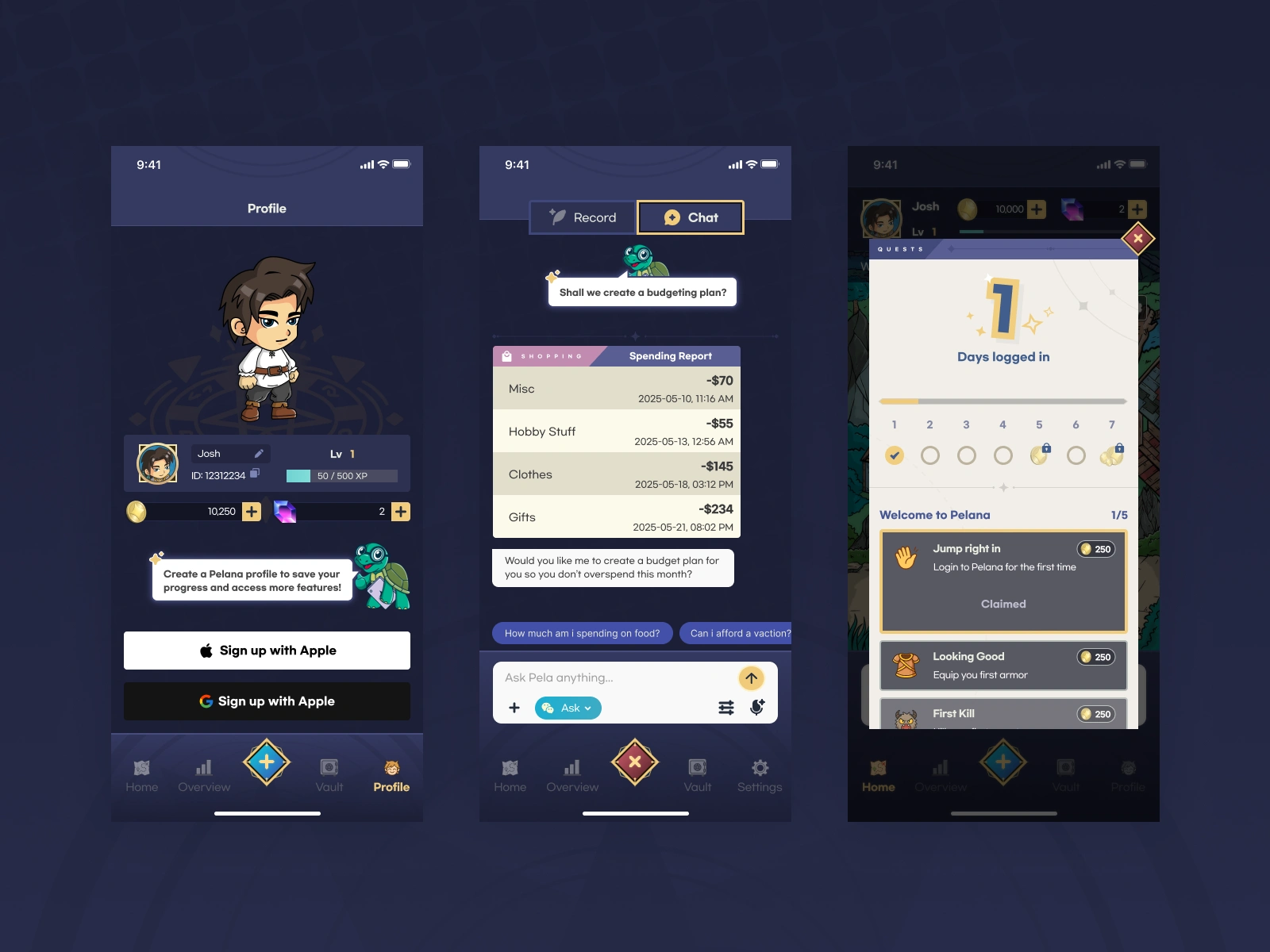 Original design study: Profile, support and reward screens