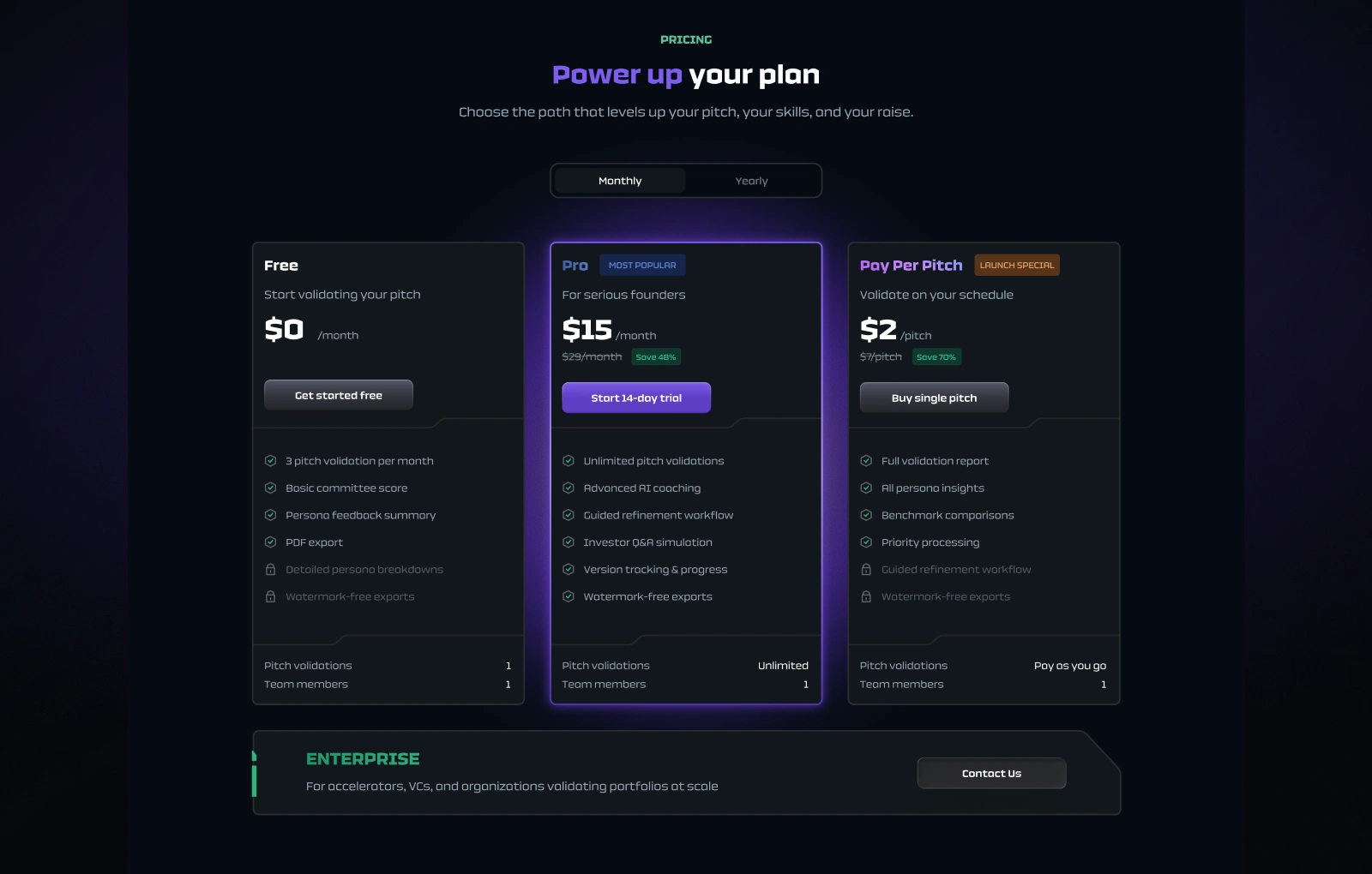 Pitch Arcade: Pricing plans