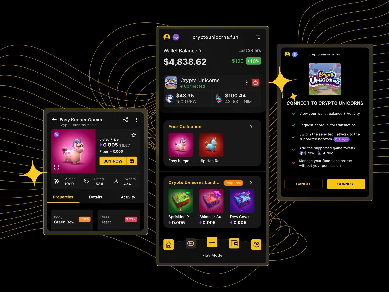 PLAY3R: Wallet and NFT screens
