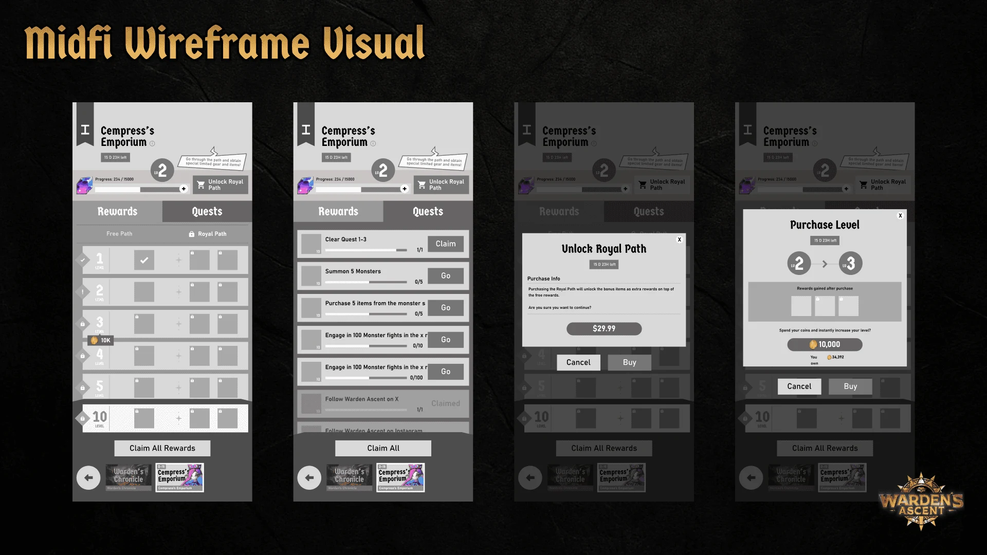 Warden's Ascent: mid fidelity wireframes