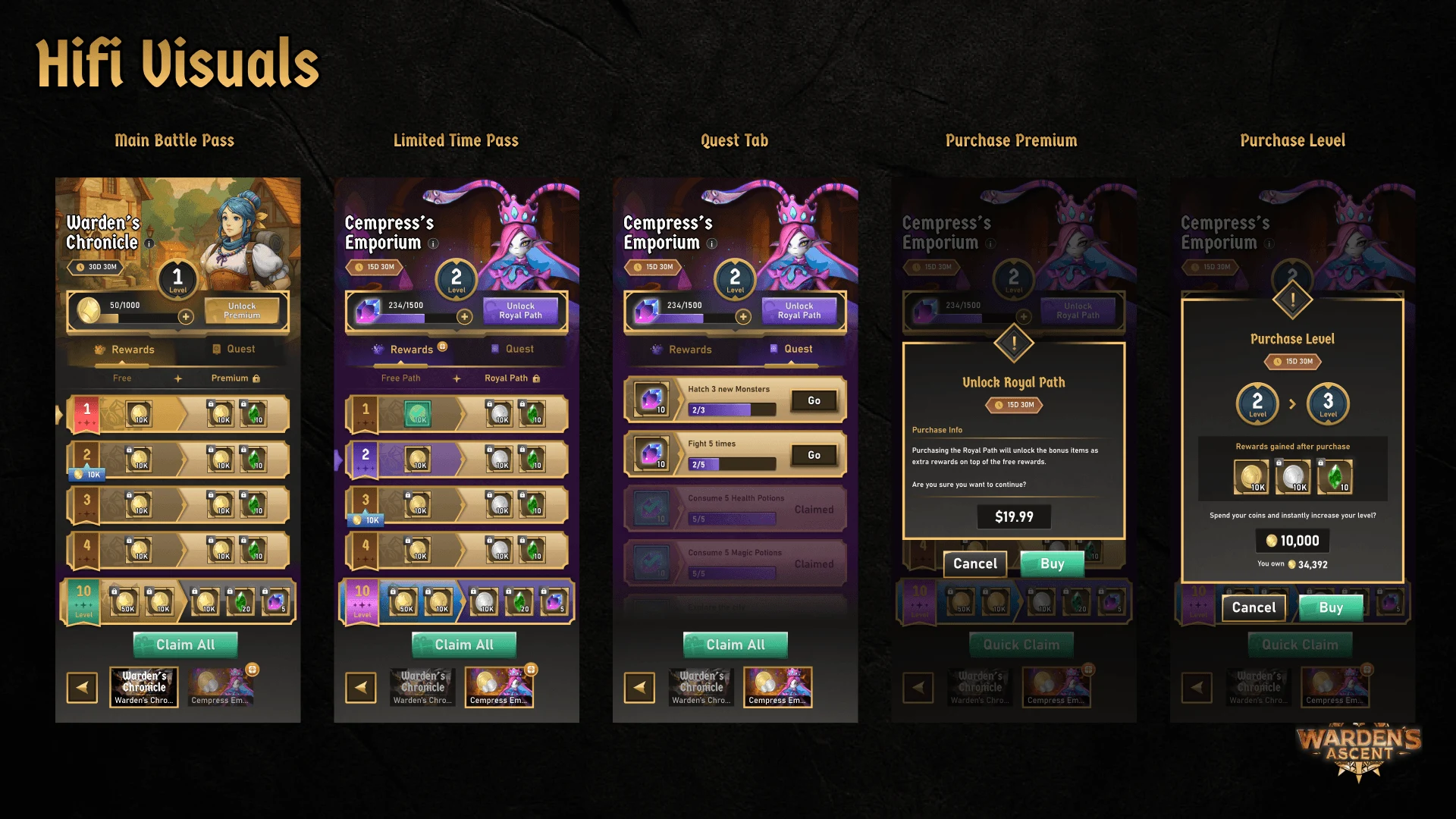 Warden's Ascent: quests and purchase flows